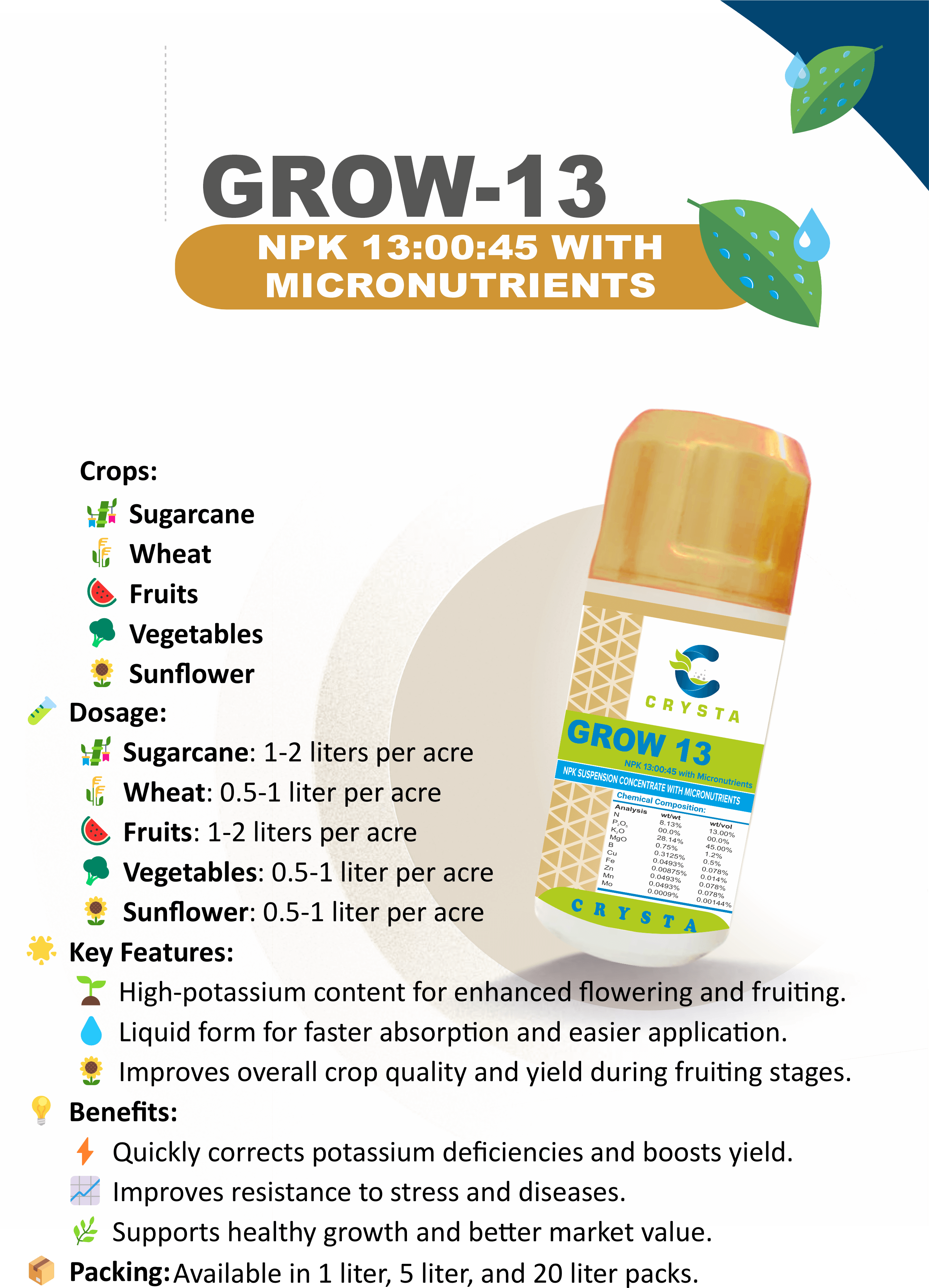 GROW 13 (N:P:K 13:00:45) FERTILIZERS 